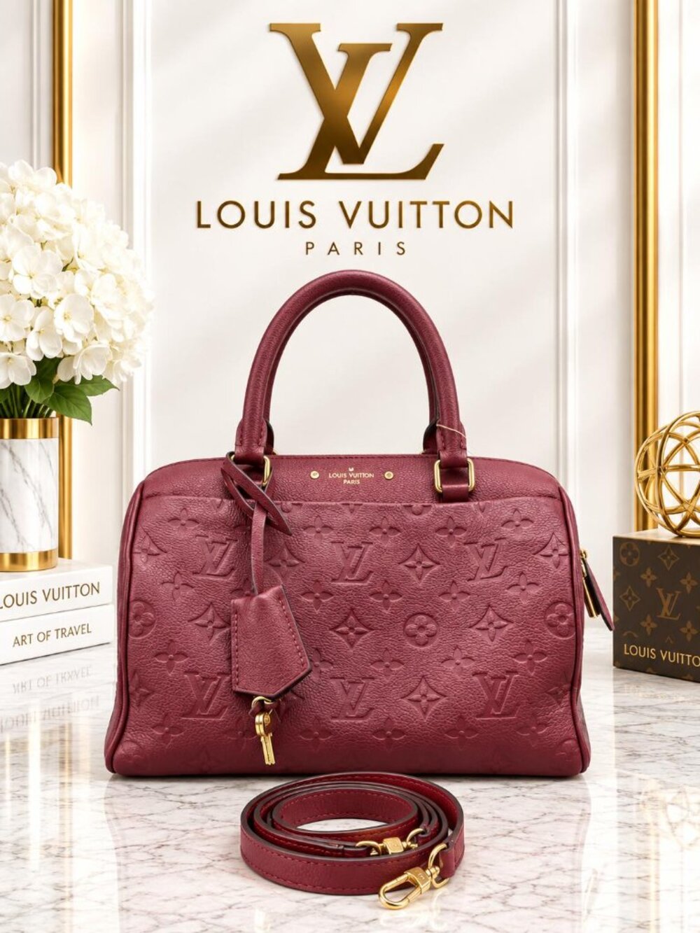 Authentic Louis Vuitton Speedy Bandouliere 25 Empreinte Burgundy Leather Bag